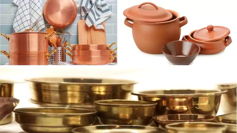 closeup of clay bronze and copper utensils