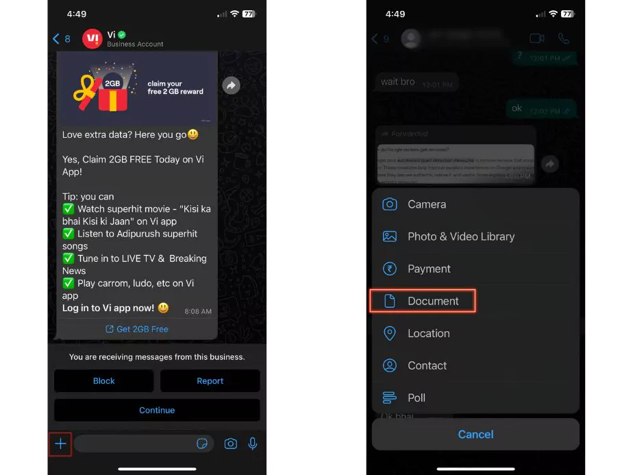 whatsapp chat open with an option to send documents