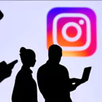group of people using instagram with instagram logo in background