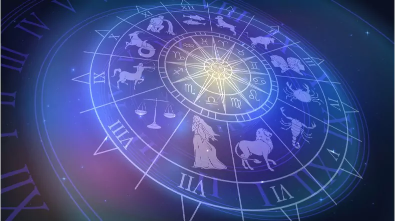 wheel chart with zodiac signs in space