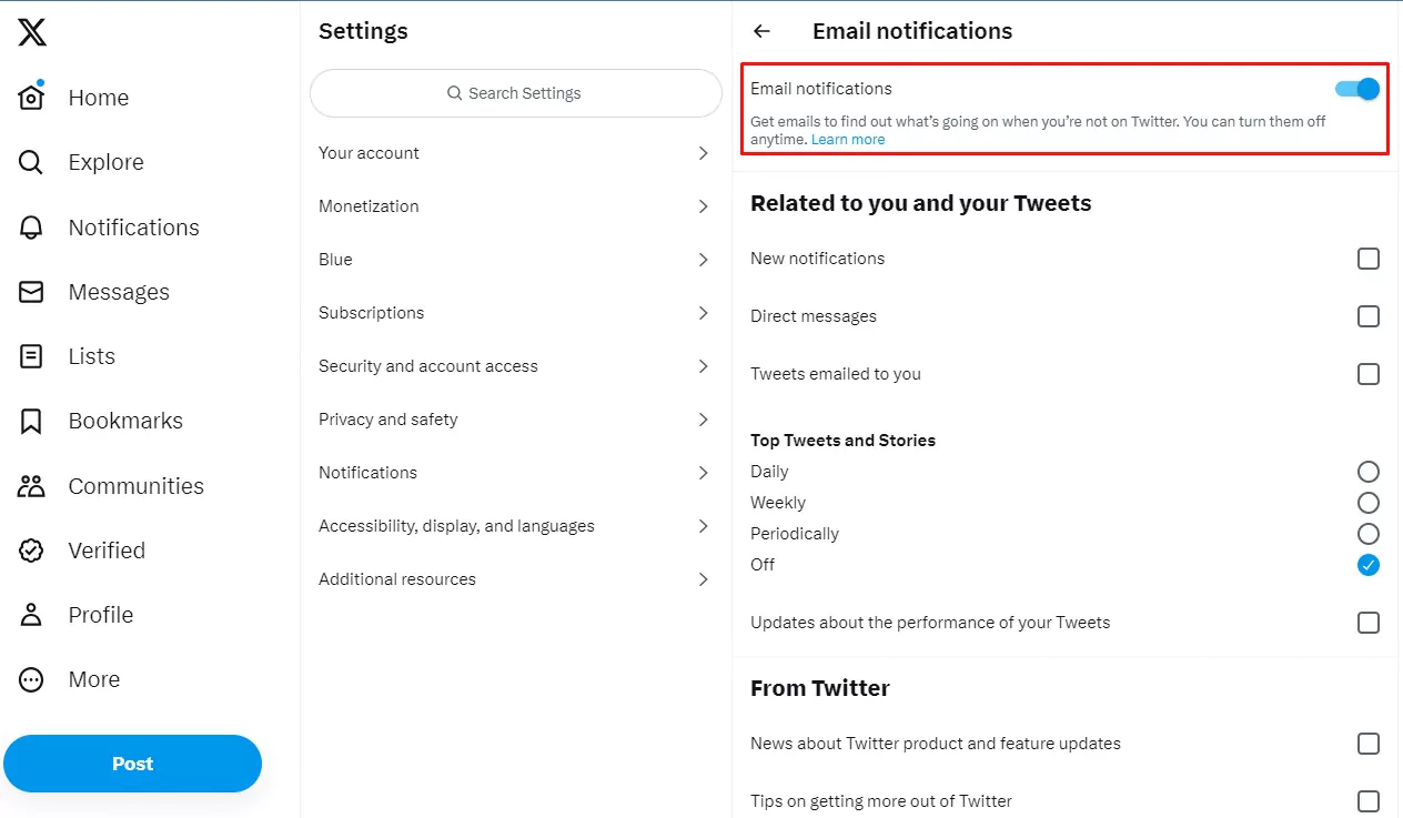 toggle bar for turning off email notifications in twitter