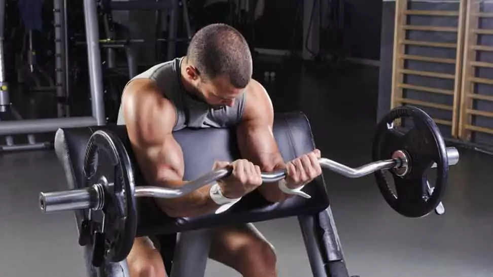 muscular male model with perfect body doing biceps exercise