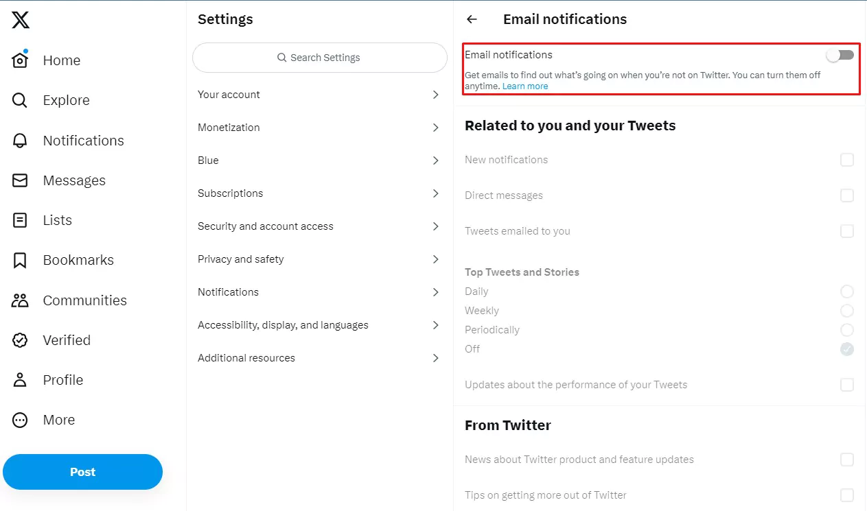 turning off email notifications in twitter