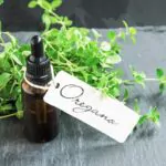 oregano oil bottle with label and oregano herb bunch