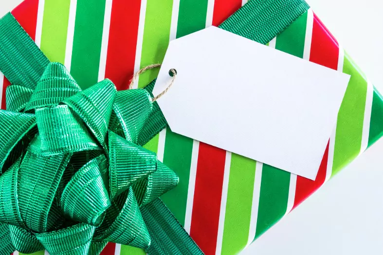christmas present wrapped in red and green striped wrapping paper with shiny green bow and blank tag sitting on white background