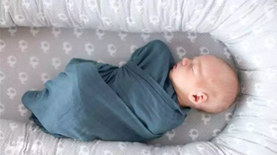 newborn baby boy sleeping and swaddled in blue cloth lying in grey nest