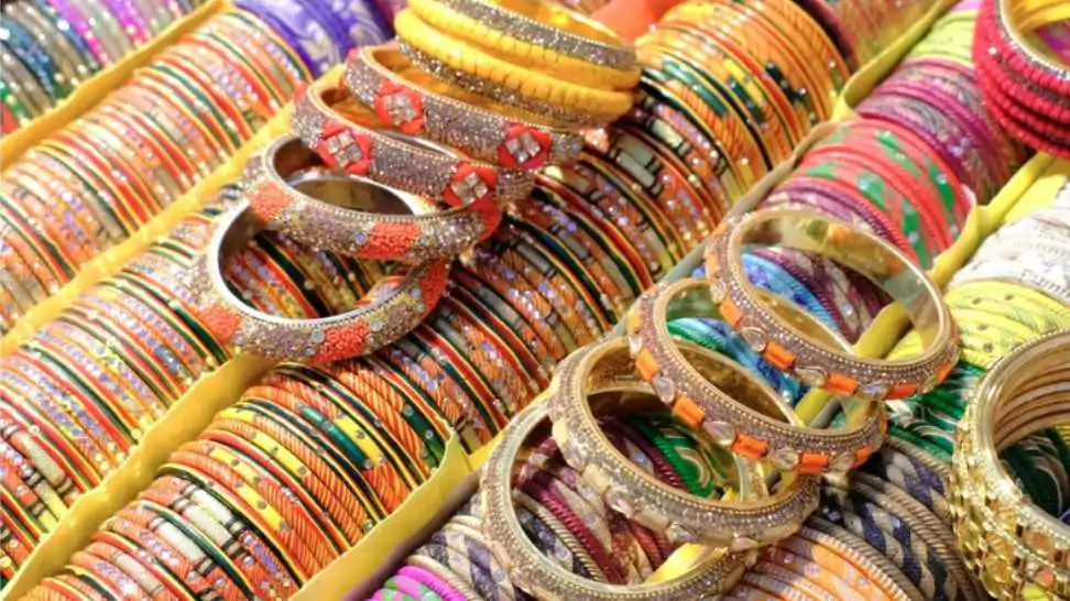 display of different bangles made of glass used as beauty accessories by indian women