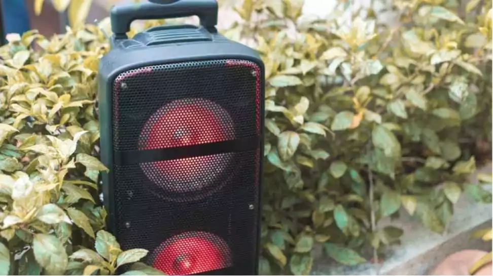 a large portable bluetooth speaker placed at a garden