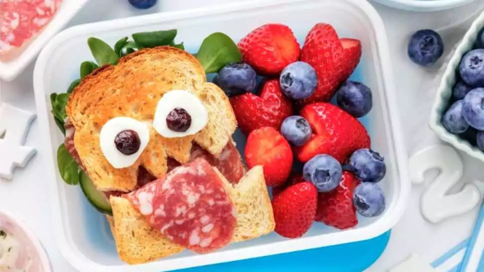 school lunch box with a cute monster sandwich with salami and fresh berries like strawberries and blueberries
