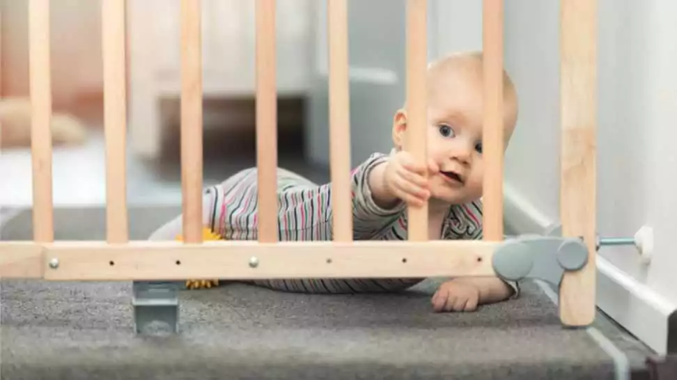 child playing behind safety gates in front of stairs at home