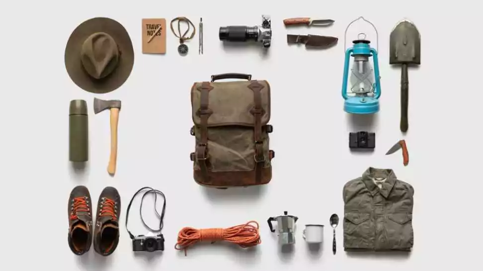 traveler set for hiking on white background isolated