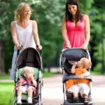happy mothers walking together with kids in baby strollers