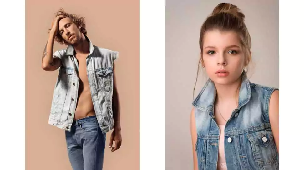 teen girl and boy in jeans and sleeveless denim jacket