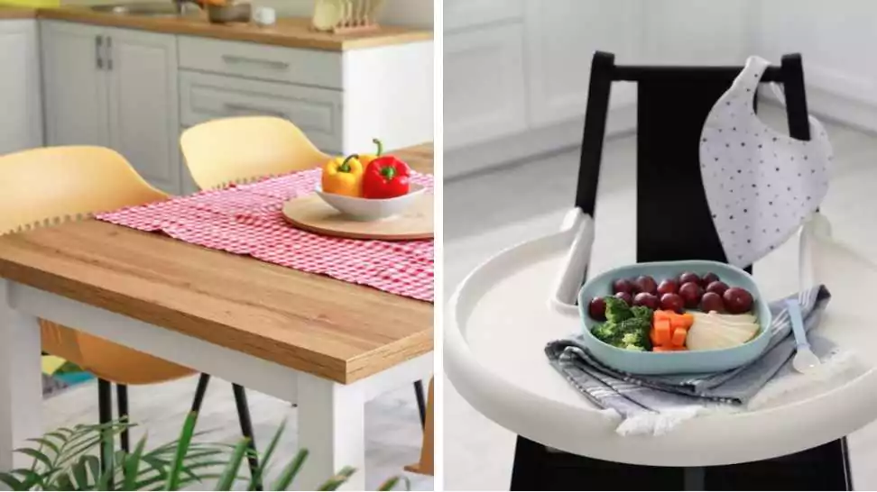2 different high chairs with food in baby tableware on tray indoors