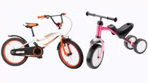 orange bicycle and pink tricycle in a frame