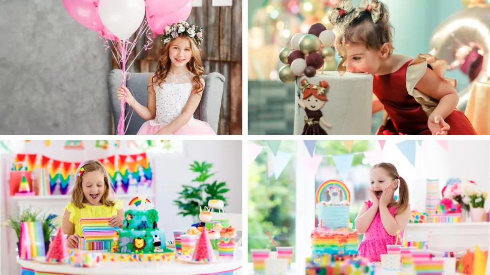 a collage of baby girls celebrating birthday wearing different clothes and outfits