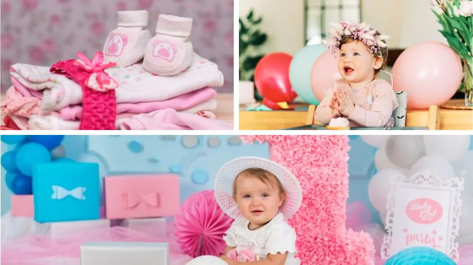 baby girl wearing different accessories like hat and soft headband and shoes for birthday